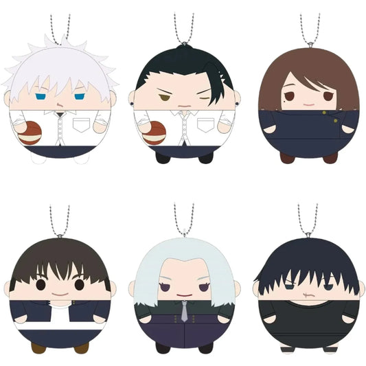 Jujutsu Kaisen Fuwa Kororin Vol. 6 plush keychain set featuring chibi designs of Satoru Gojo, Suguru Geto, Shoko Ieiri, Toji Fushiguro, Kento Nanami, and Mei Mei, each approximately 9 cm in size.