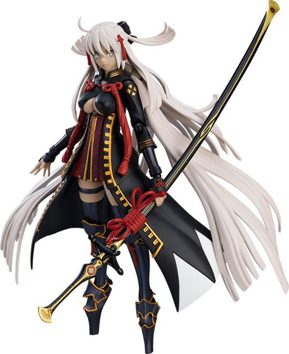 Okita Souji Alter figma figure with dark outfit and katana, featuring multiple faceplates and poses.