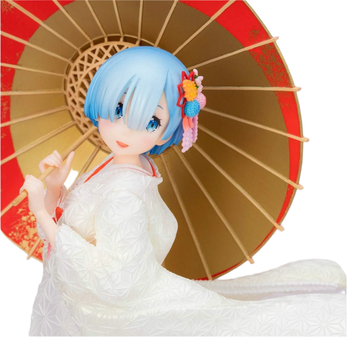  Rem from Re:ZERO in elegant white wedding kimono with floral hairpiece and soft expression.