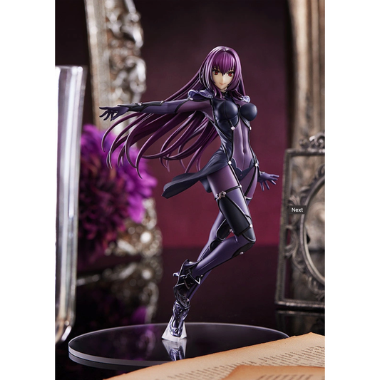 Scathach figure in sleek armor with spear, ready for battle, from FGO Pop Up Parade line.