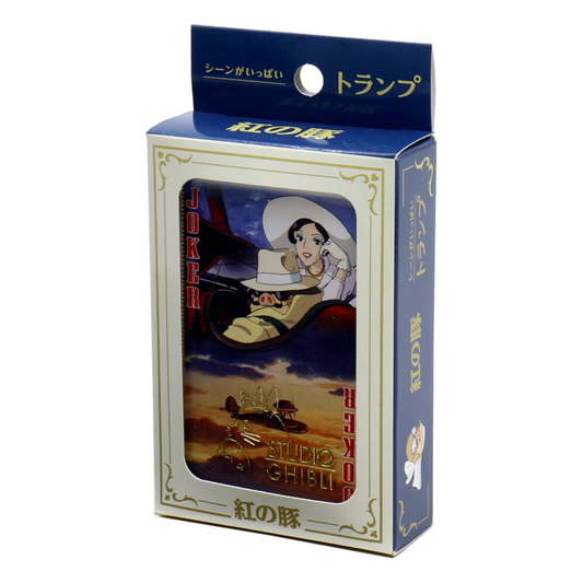 Deck of playing cards featuring various scenes from Porco Rosso Playing Cards,each card uniquely illustrated, packaged in a clear plastic case