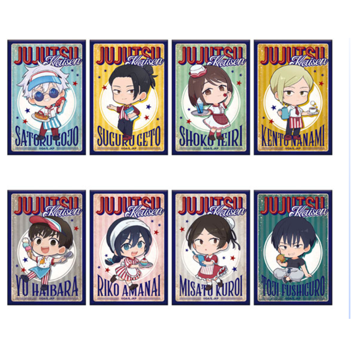 Jujutsu Kaisen Diner Ver. Signboard-Style Can Badges - 8-piece box set with a vintage-inspired design, perfect for fans of the anime.