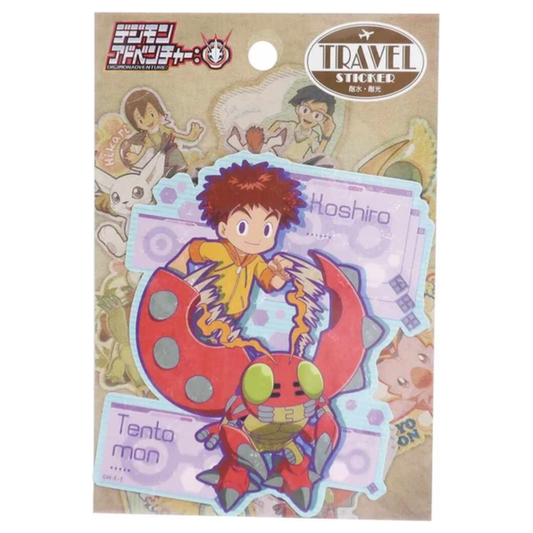 Digimon Adventure Travel Sticker featuring Izzy Izumi and Tentomon, durable and water-resistant, perfect for fans