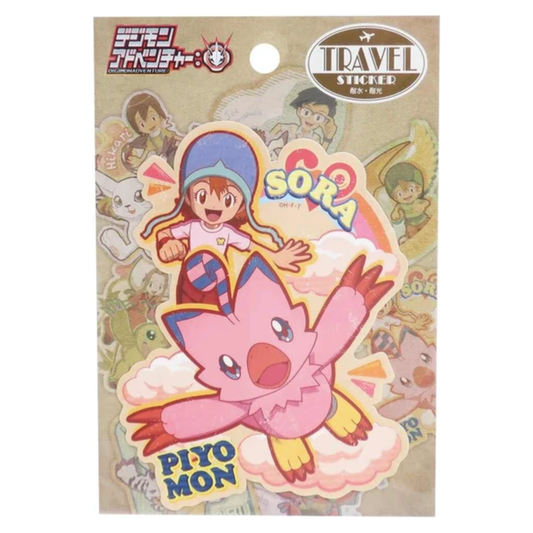 Digimon Adventure Travel Sticker featuring Sora Takenouchi and Biyomon, water-resistant and UV-protected for lasting use