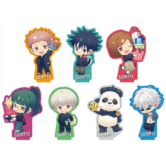 Jujutsu Kaisen Trading Mini Acrylic Stand Present Edition featuring chibi characters holding presents, high-quality acrylic design