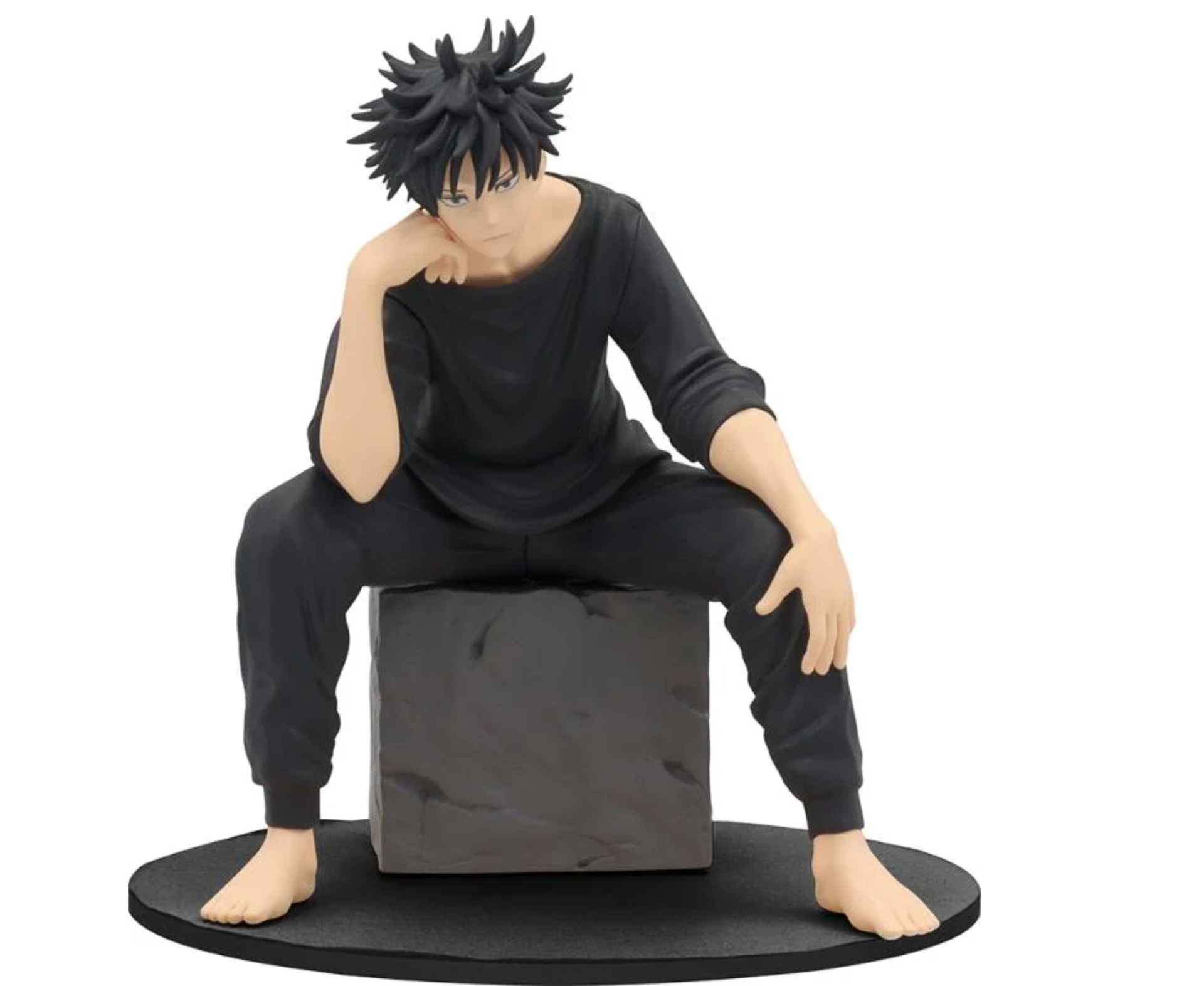 Jujutsu Kaisen Fushiguro Megumi Vol.2 Prize Figure by Taito, featuring Megumi seated on a stone block in his Jujutsu High uniform with detailed sculpting."