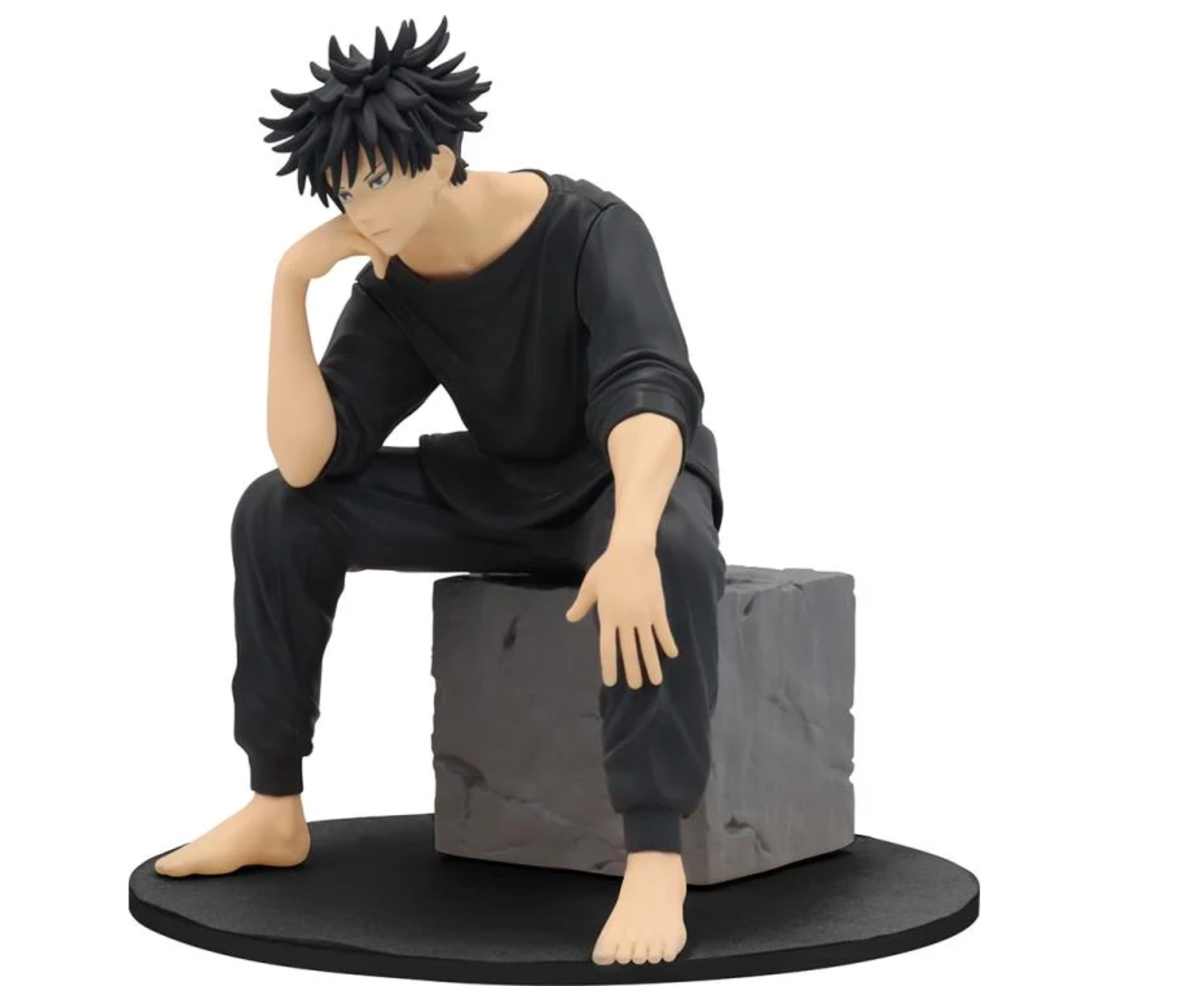 Jujutsu Kaisen Fushiguro Megumi Vol.2 Prize Figure by Taito, featuring Megumi seated on a stone block in his Jujutsu High uniform with detailed sculpting."