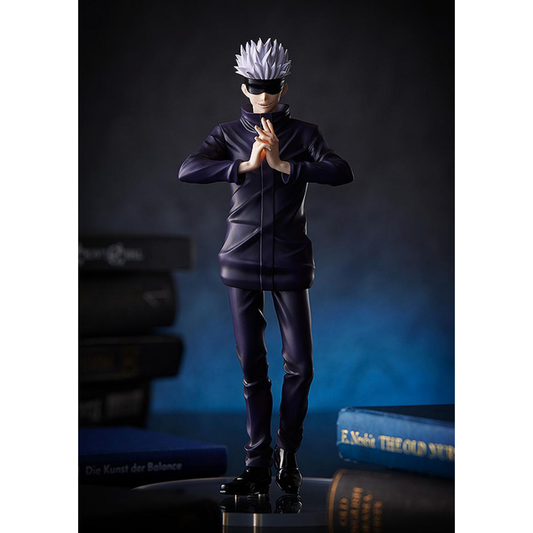 Jujutsu Kaisen POP UP PARADE Satoru Gojo Figure by Good Smile Company, featuring Gojo in a confident pose with an interchangeable head for mask and unmasked display, standing approximately 6.69 to 7.08 inches tall.