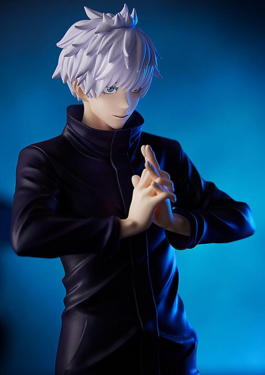 Jujutsu Kaisen POP UP PARADE Satoru Gojo Figure by Good Smile Company, featuring Gojo in a confident pose with an interchangeable head for mask and unmasked display, standing approximately 6.69 to 7.08 inches tall.