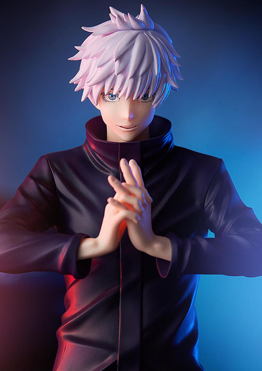 Jujutsu Kaisen POP UP PARADE Satoru Gojo Figure by Good Smile Company, featuring Gojo in a confident pose with an interchangeable head for mask and unmasked display, standing approximately 6.69 to 7.08 inches tall.