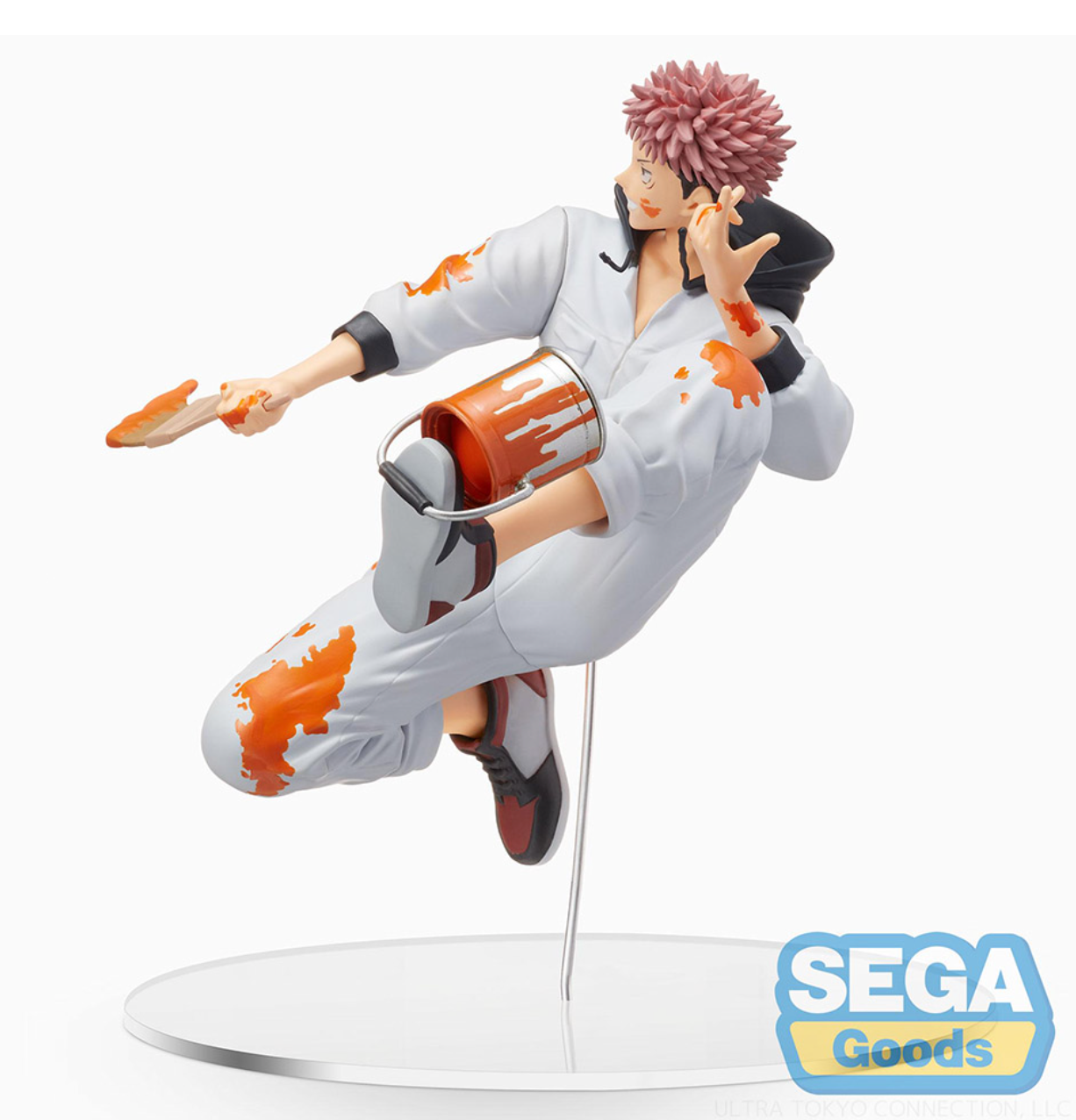 Jujutsu Kaisen Graffiti x Battle Yuji Itadori Figure by SEGA, featuring Yuji in a dynamic mid-leap pose with vibrant orange graffiti accents, holding a paintbrush and a paint can.