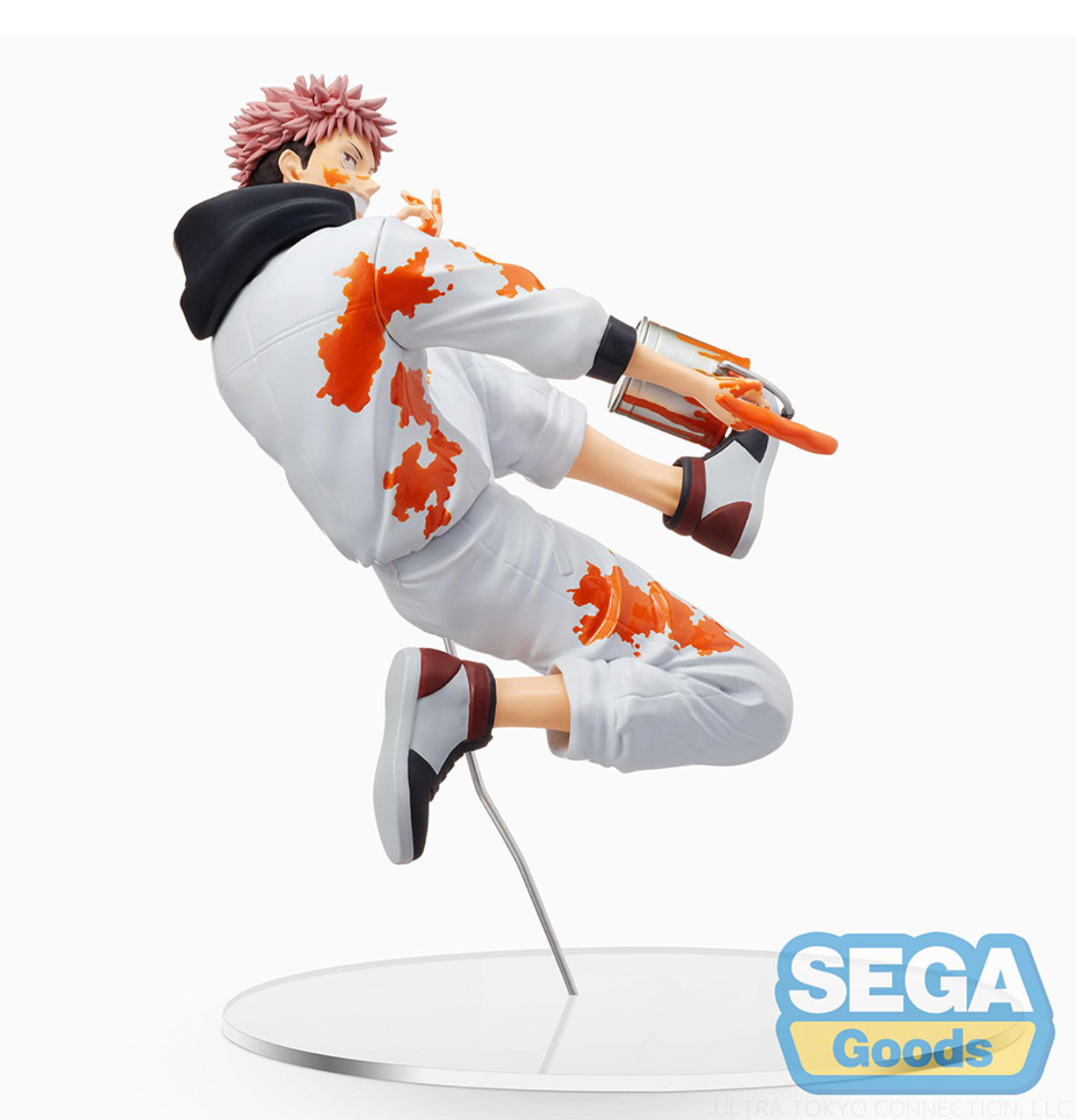 Jujutsu Kaisen Graffiti x Battle Yuji Itadori Figure by SEGA, featuring Yuji in a dynamic mid-leap pose with vibrant orange graffiti accents, holding a paintbrush and a paint can.