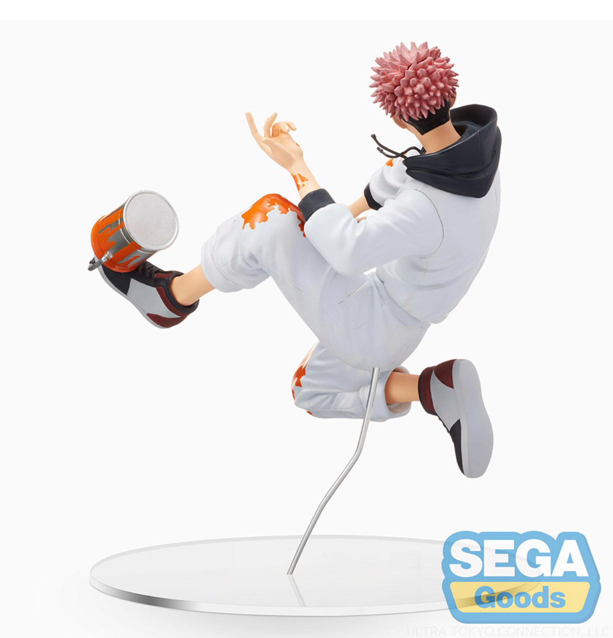 Jujutsu Kaisen Graffiti x Battle Yuji Itadori Figure by SEGA, featuring Yuji in a dynamic mid-leap pose with vibrant orange graffiti accents, holding a paintbrush and a paint can.