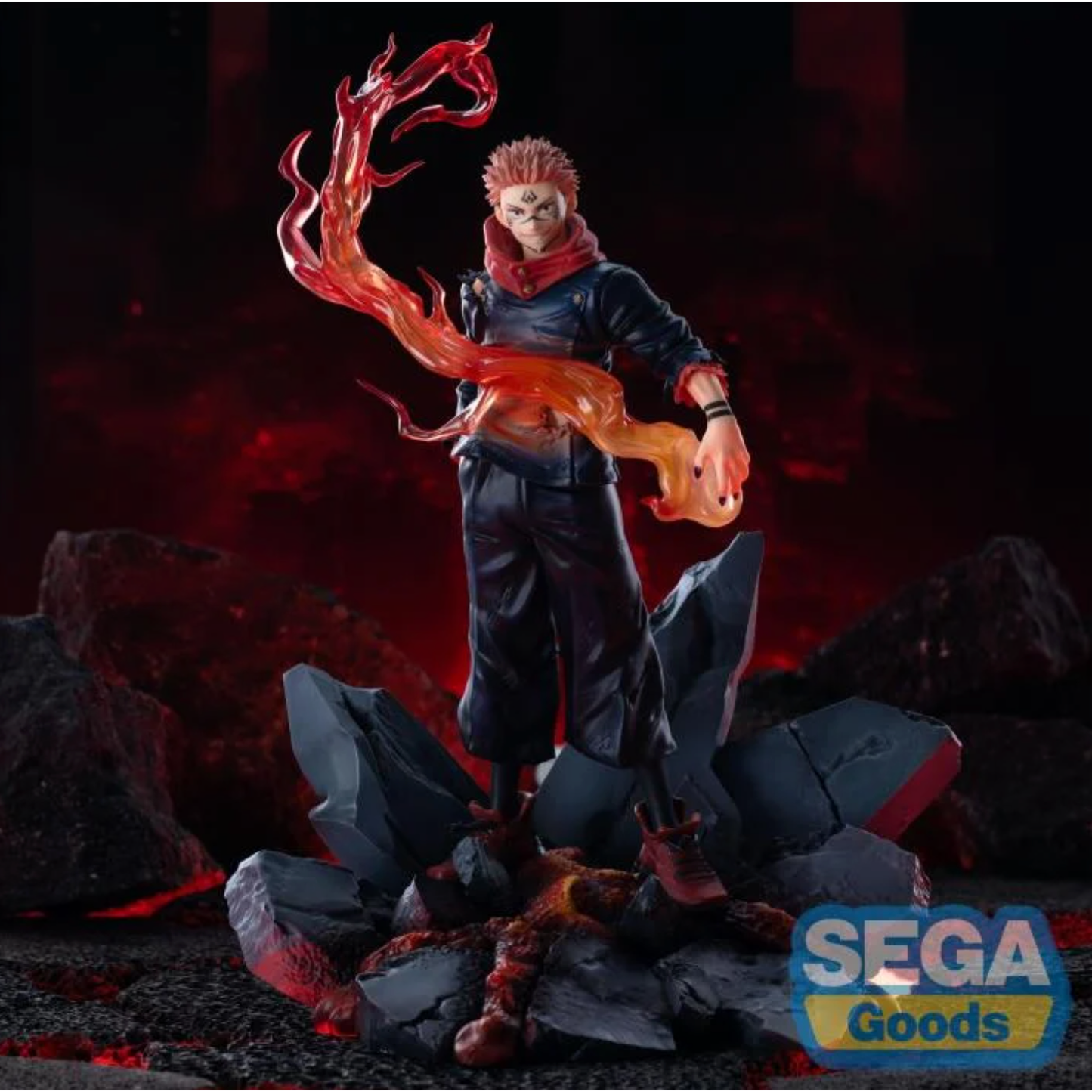 Jujutsu Kaisen Sukuna Ryomen Luminasta Figure by SEGA, featuring Sukuna in a dynamic pose standing on rubble, with intricate details like tattoos and vibrant flame effects, approximately 9.1 inches tall
