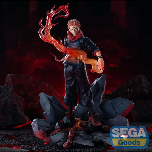 Jujutsu Kaisen Sukuna Ryomen Luminasta Figure by SEGA, featuring Sukuna in a dynamic pose standing on rubble, with intricate details like tattoos and vibrant flame effects, approximately 9.1 inches tall
