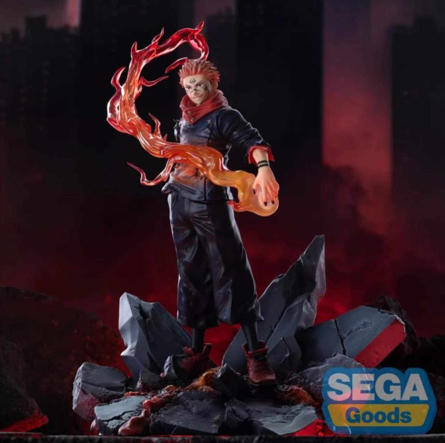 Jujutsu Kaisen Sukuna Ryomen Luminasta Figure by SEGA, featuring Sukuna in a dynamic pose standing on rubble, with intricate details like tattoos and vibrant flame effects, approximately 9.1 inches tall