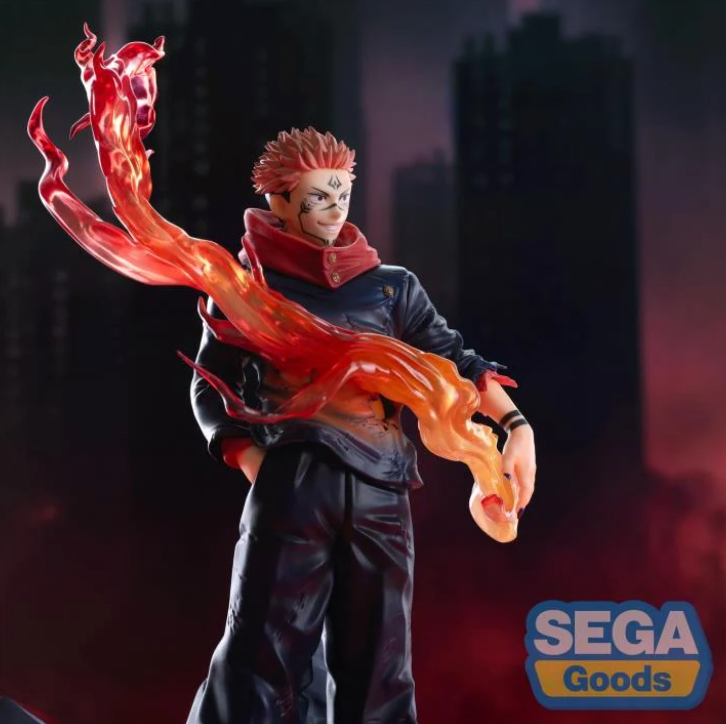 Jujutsu Kaisen Sukuna Ryomen Luminasta Figure by SEGA, featuring Sukuna in a dynamic pose standing on rubble, with intricate details like tattoos and vibrant flame effects, approximately 9.1 inches tall