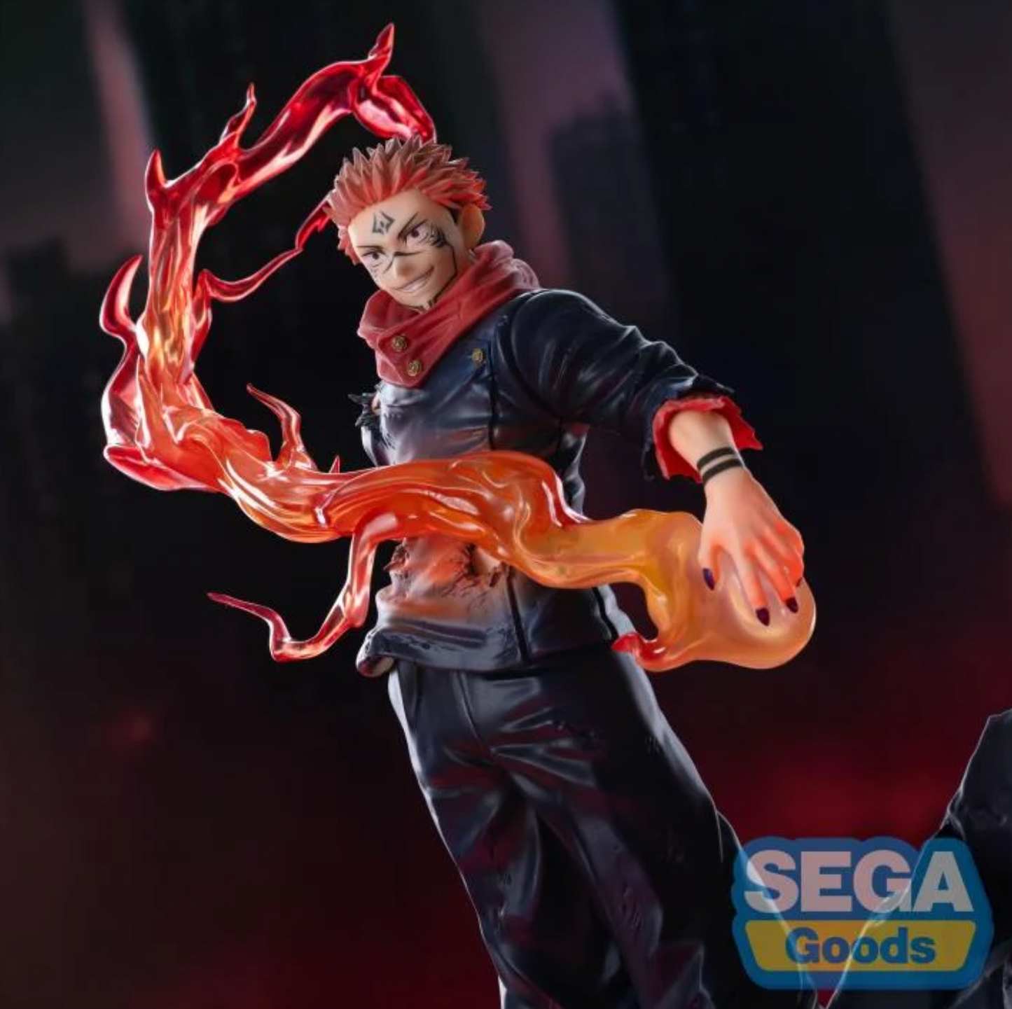 Jujutsu Kaisen Sukuna Ryomen Luminasta Figure by SEGA, featuring Sukuna in a dynamic pose standing on rubble, with intricate details like tattoos and vibrant flame effects, approximately 9.1 inches tall