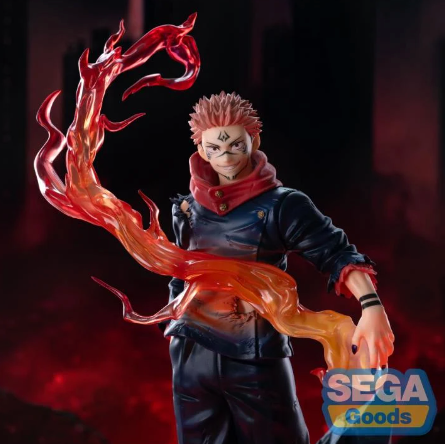 Jujutsu Kaisen Sukuna Ryomen Luminasta Figure by SEGA, featuring Sukuna in a dynamic pose standing on rubble, with intricate details like tattoos and vibrant flame effects, approximately 9.1 inches tall