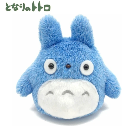 Plush toy of Medium Totoro in blue color from My Neighbor Totoro, soft and palm-sized, designed as a fluffy beanbag-style toy