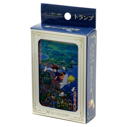 Deck of playing cards featuring various scenes and characters from Kiki’s Delivery Service, each card uniquely illustrated, packaged in a clear plastic case.