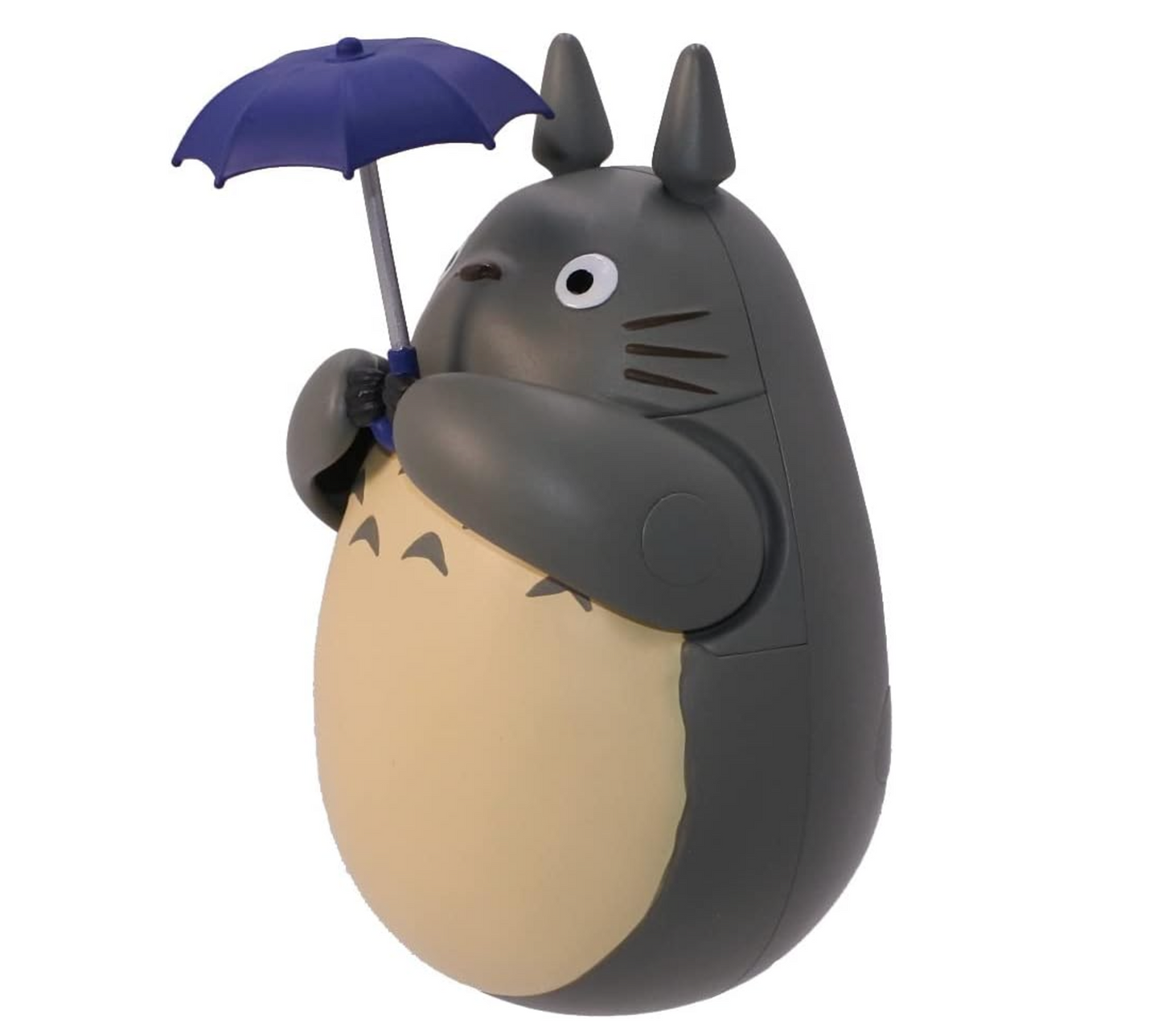 Big Grey Totoro tilting figure holding an umbrella, wobbling like the dondoko dance, from My Neighbor Totoro, available at Mini Akihabara.