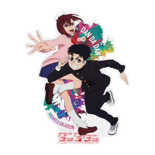 Prize D: Momo & Okarun Big Acrylic Stand featuring Ichiban Kuji exclusive illustration, available at Mini Akihabara, approx. 5.9 inches (15 cm).