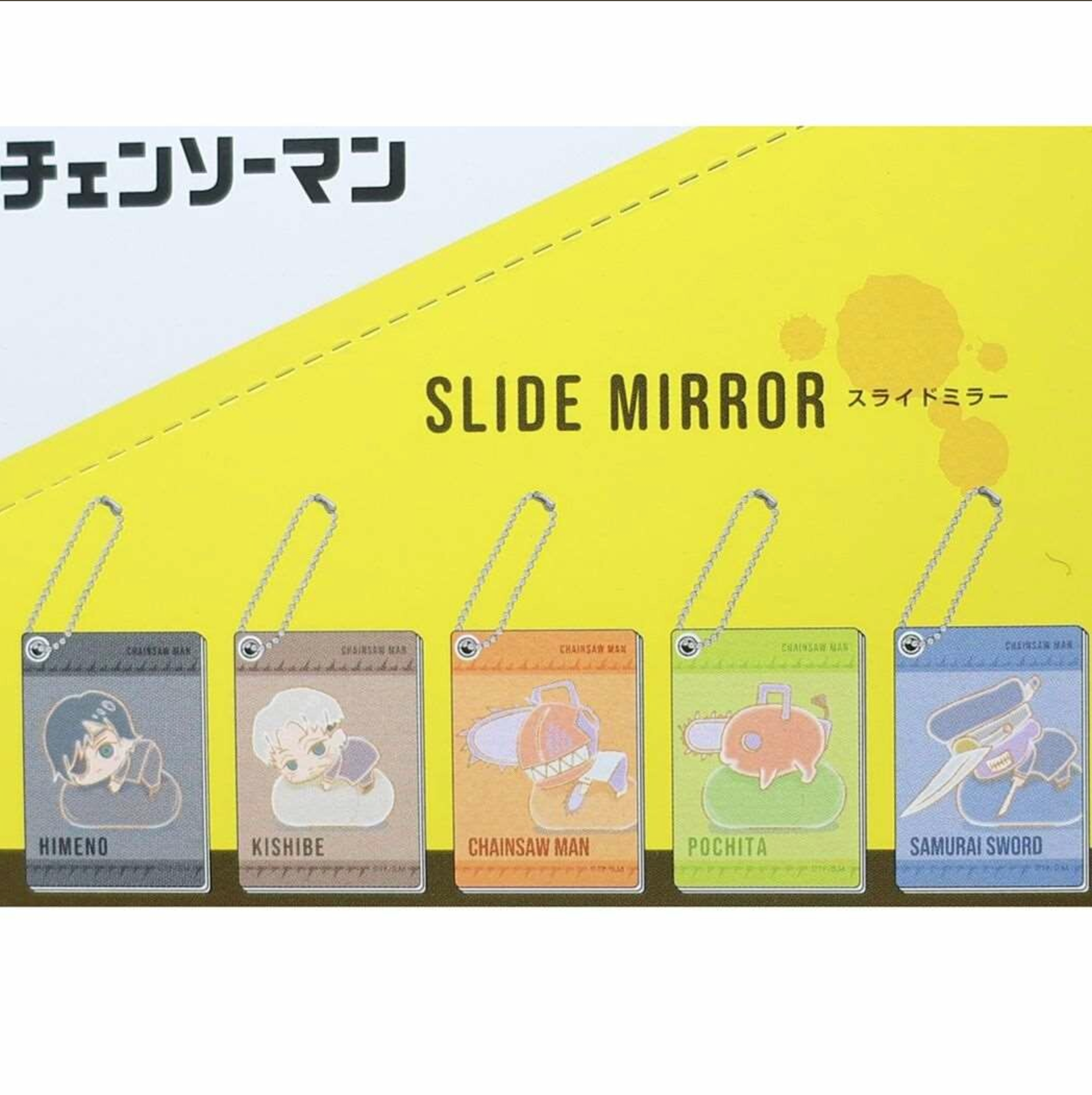 Chainsaw Man Slide Mirror with ball chain featuring blind-packaged characters like Denji, Power, and Makima, available at Mini Akihabara.