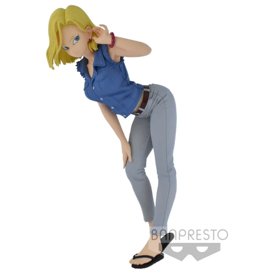 Dragon Ball Z Glitter & Glamours: Android No. 18 Vol. 2 figure featuring a bowing pose with hand raised to ear, available in two color versions.