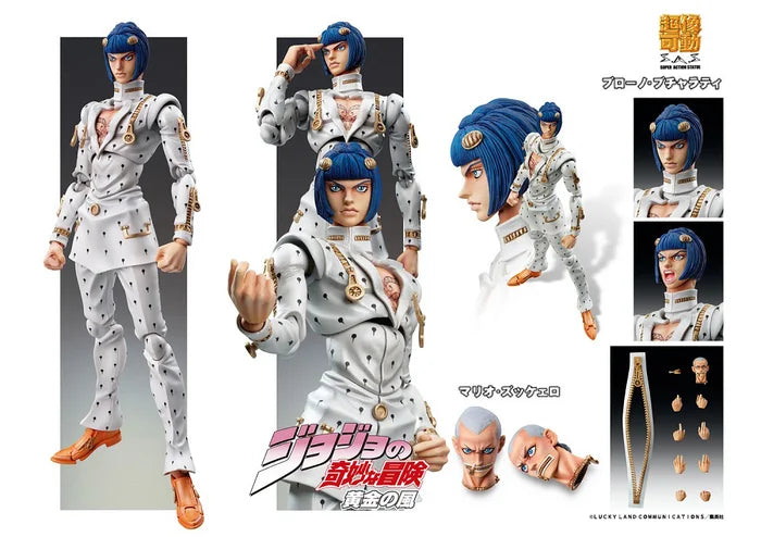 Bruno Bucciarati Super Action Figure from JoJo Part 5, in white suit with zipper effects and alternate faces.