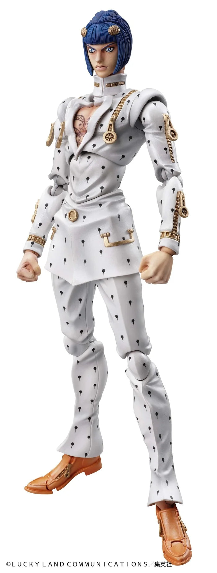 Bruno Bucciarati Super Action Figure from JoJo Part 5, in white suit with zipper effects and alternate faces.