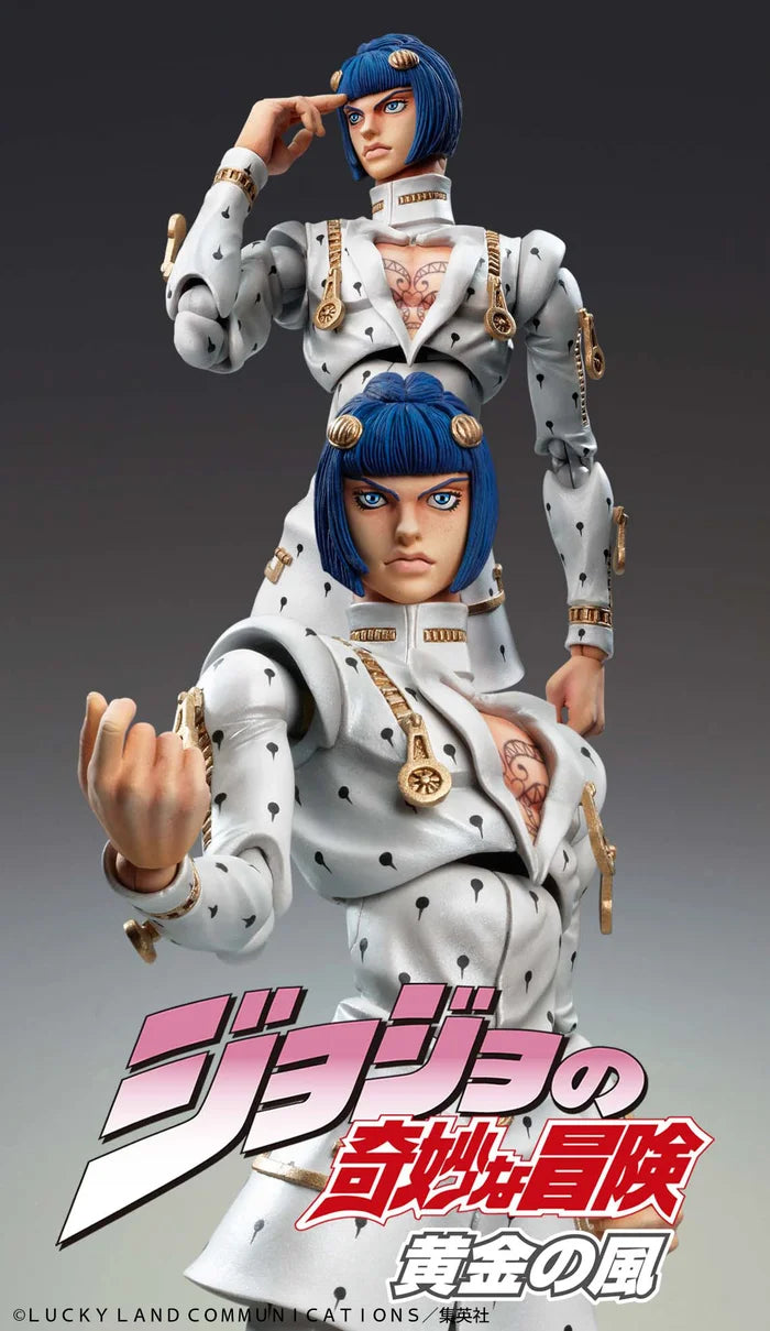 Bruno Bucciarati Super Action Figure from JoJo Part 5, in white suit with zipper effects and alternate faces.