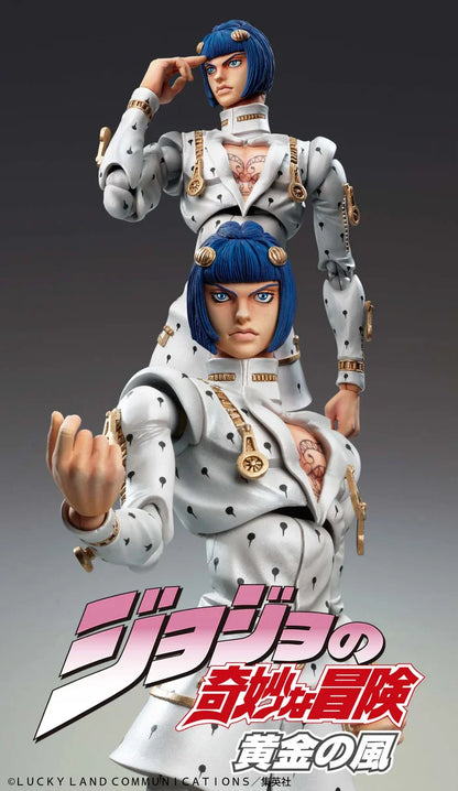 Bruno Bucciarati Super Action Figure from JoJo Part 5, in white suit with zipper effects and alternate faces.