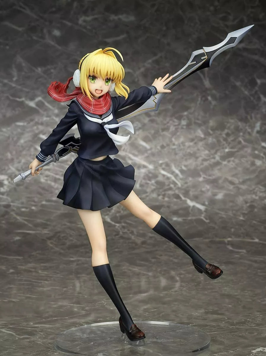 Nero Claudius figure from Fate/EXTELLA Link in Winter Roman Ver., wearing elegant red and white cape with confident pose.