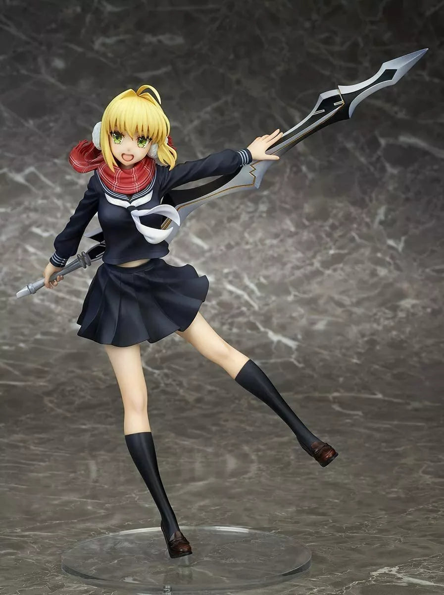 Nero Claudius figure from Fate/EXTELLA Link in Winter Roman Ver., wearing elegant red and white cape with confident pose.
